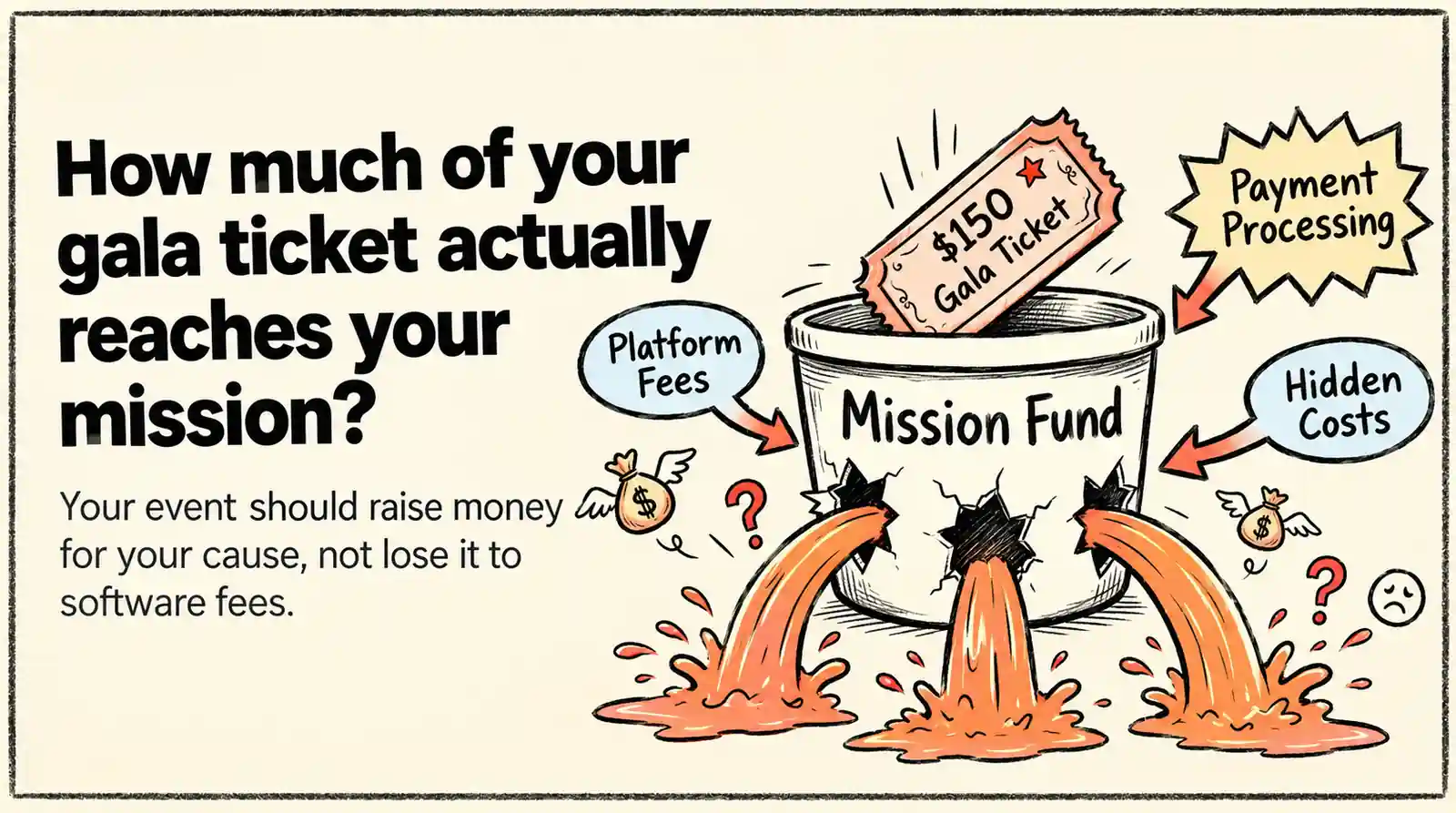 A bucket with holes leaking and mission funds written on it 