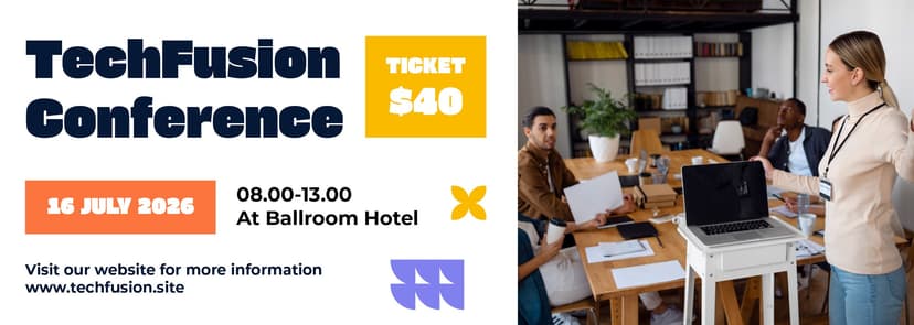 Banner promoting the TechFusion Conference on July 16, 2026, featuring a presenter, ticket price, and event details in a meeting setting.