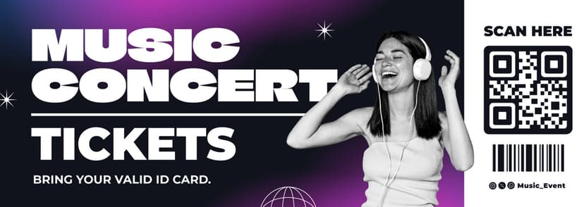 Promotional banner for a music concert, featuring a woman enjoying headphones, event details, and a QR code for ticket scanning.