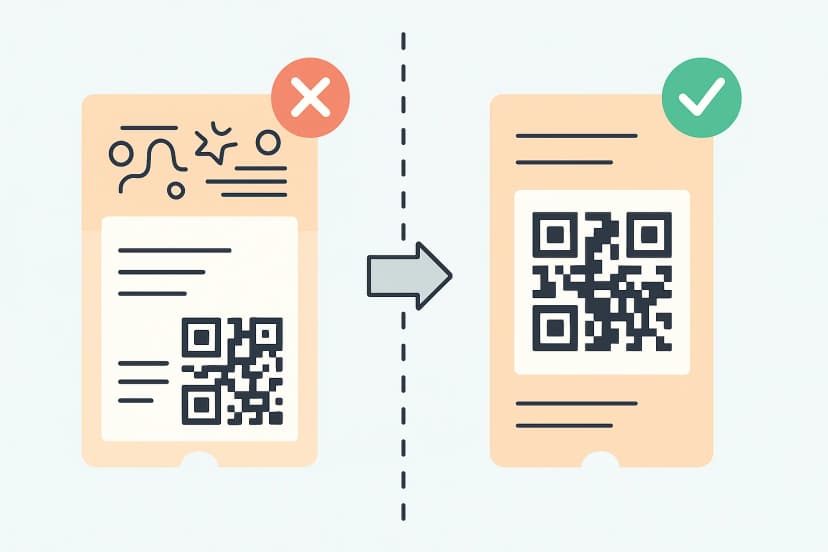 QR Code Ticket Generator comparison: cluttered ticket vs clean ticket with bold QR code