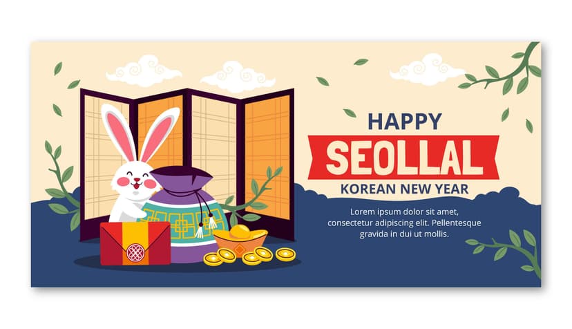 A festive illustration for Seollal featuring a cheerful white rabbit, a traditional gift pouch, gold coins, and a folding screen, with "Happy Seollal: Korean New Year" written prominently.