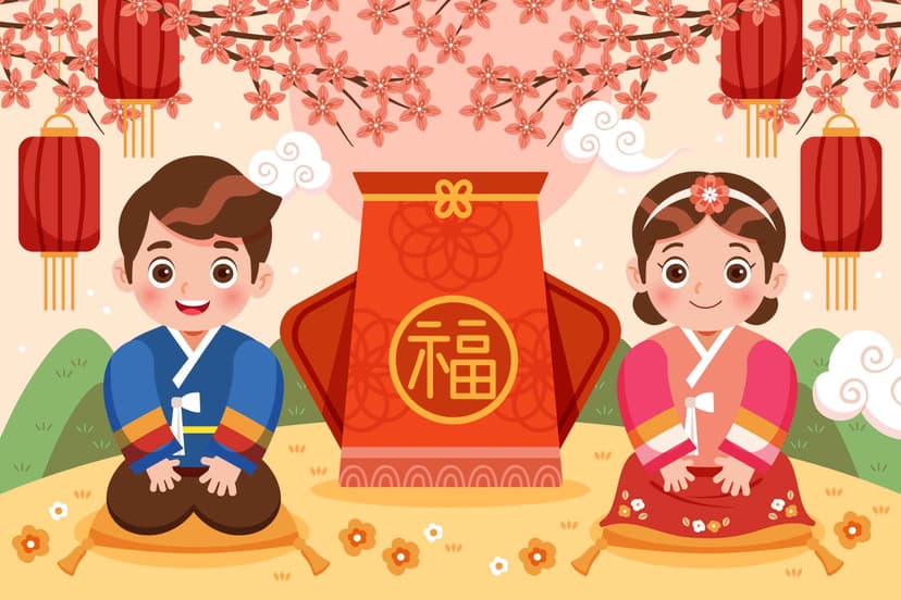 A cheerful illustration of a boy and girl dressed in traditional Korean Hanbok, sitting on cushions under cherry blossoms, surrounded by red lanterns and a large red gift pouch with a golden symbol, symbolizing a festive Seollal celebration.