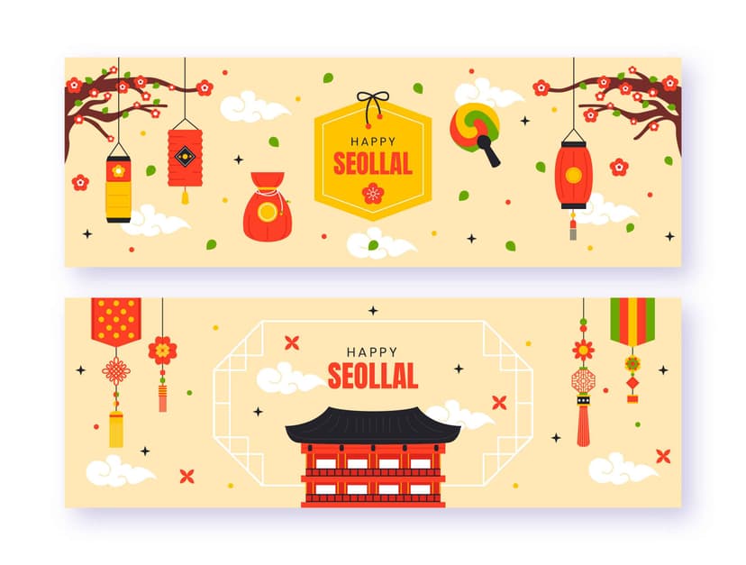 Festive banners for Seollal featuring traditional Korean elements like lanterns, a red pouch, decorative tassels, cherry blossoms, and a traditional Korean building, with "Happy Seollal" written in bold text.