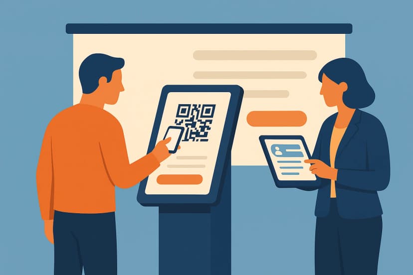 Attendee scans a QR Code at a kiosk on a conference registration platform as organizer monitors on tablet