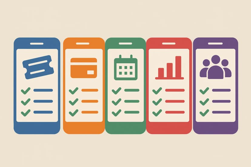 Five mobile screens show ticket, payment, calendar, chart, and group icons on conference registration platform