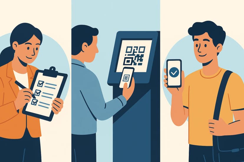Three panels depict conference registration platform stages: checklist, kiosk QR scan, and mobile check-in