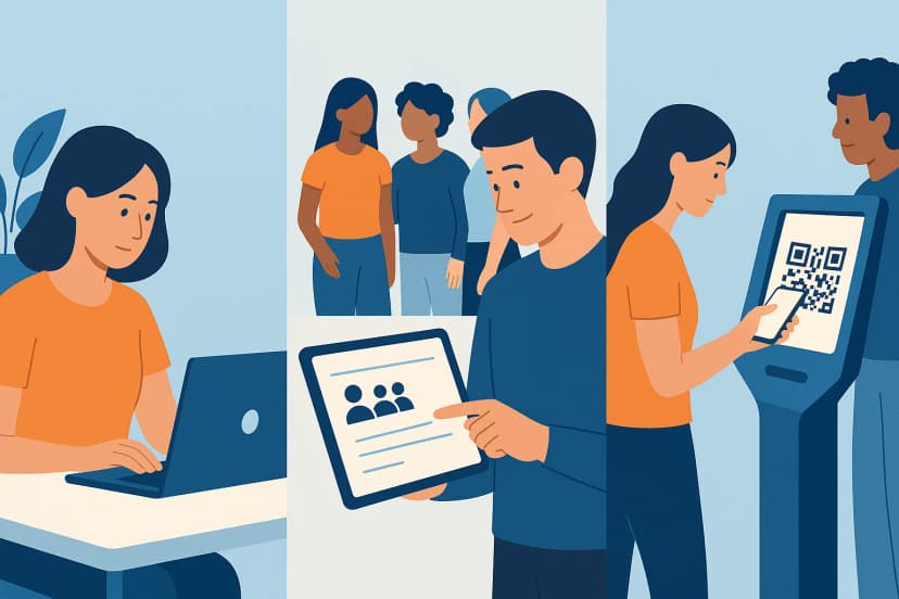 Three scenes of conference registration platform: online sign-up, group registration, and kiosk QR check-in