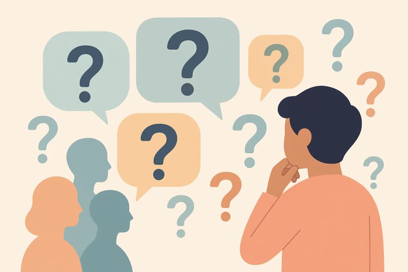A person surrounded by floating question marks illustrates common queries on conference registration platform