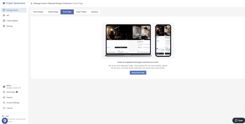 QR Code Ticket Generator event page builder prompting setup of an engaging registration page