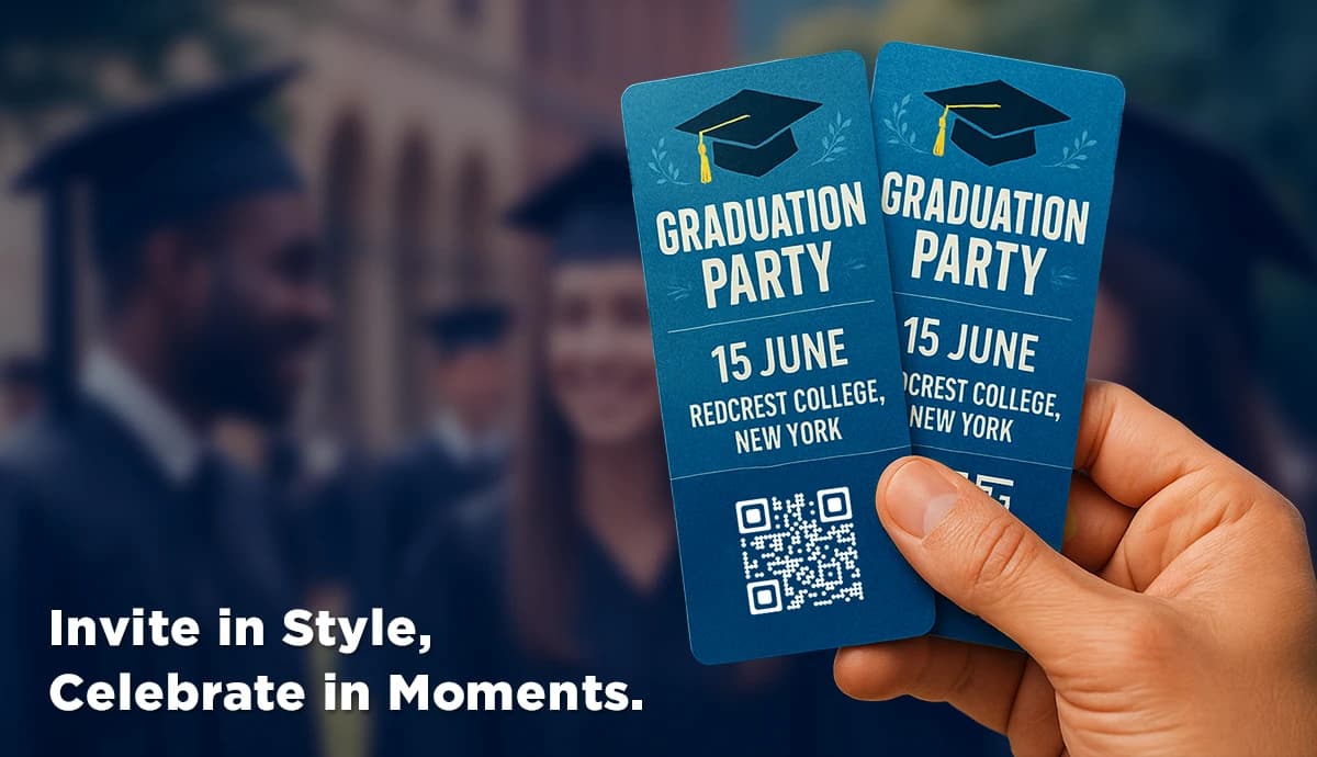 Graduation Party Invitations: hand holds two blue invites with QR Codes for Redcrest College celebration on June 15