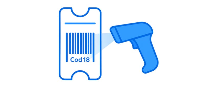 Create Event Tickets with Barcode illustration: blue ticket barcode scanned by handheld reader, symbolizing fast check-in