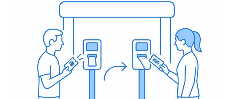 Create Event Tickets with Barcode illustration: man and woman scan barcoded passes at self-service turnstiles, speeding entry