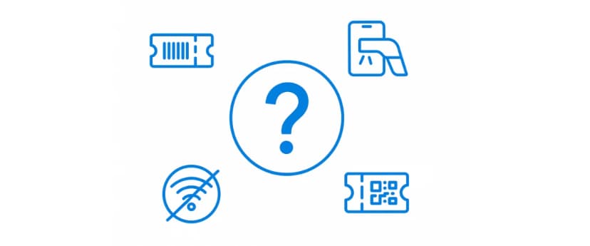Create Event Tickets with Barcode graphic: question mark with barcode ticket, phone scan, offline icon, and QR ticket choices