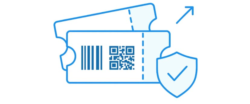 Create Event Tickets with Barcode and QR Code on one pass, plus shield and rising arrow, symbolizing secure ticket growth