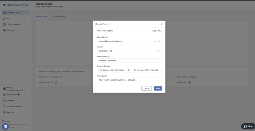 Manage Events screen showing Create Event modal with fields for name, venue, type, date, time, and time zone selection