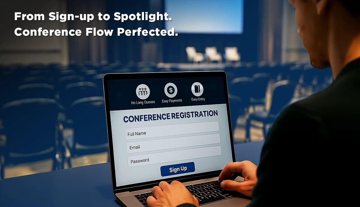 Conference registration platform displayed on a laptop as an attendee fills out the form in a conference hall.