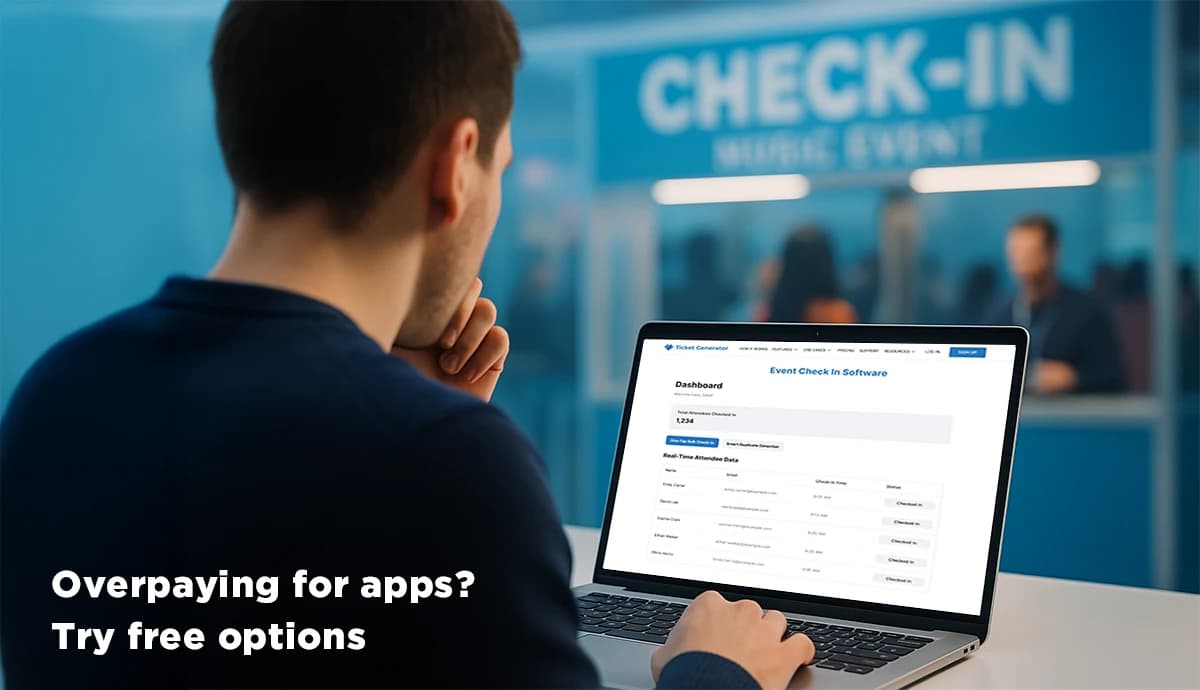 Person using free event check-in software on laptop at conference registration desk
