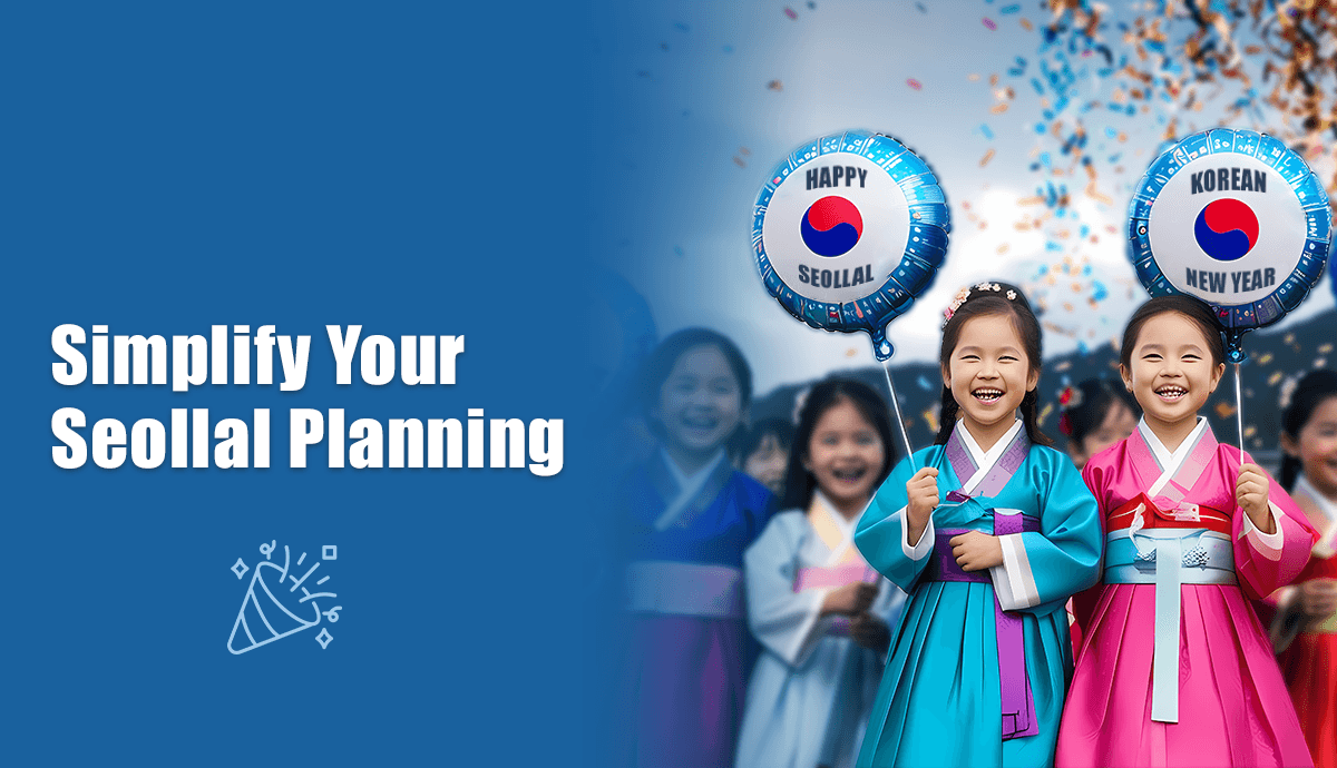 Two smiling Korean children in traditional hanbok hold "Happy Seollal" and "Happy Korean New Year" balloons, demonstrating simplified Seollal event planning