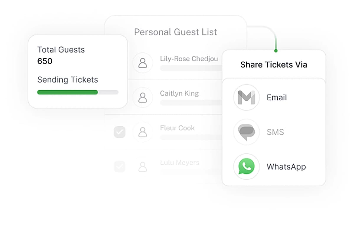 Distribute tickets via email, SMS, and WhatsApp