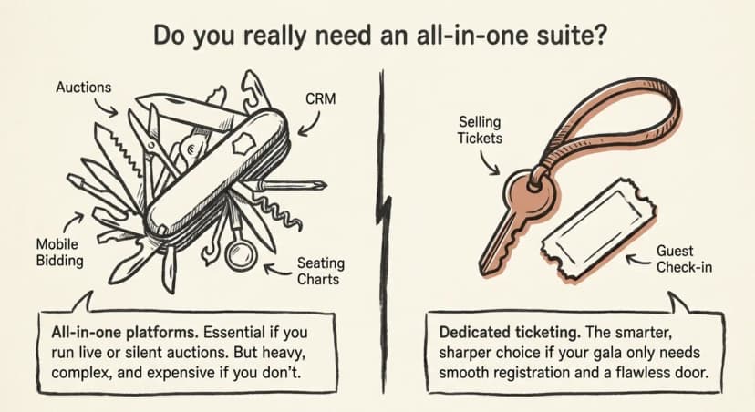 Swiss army knife for all-in-one platforms versus a key and ticket for dedicated ticketing and guest check-in.