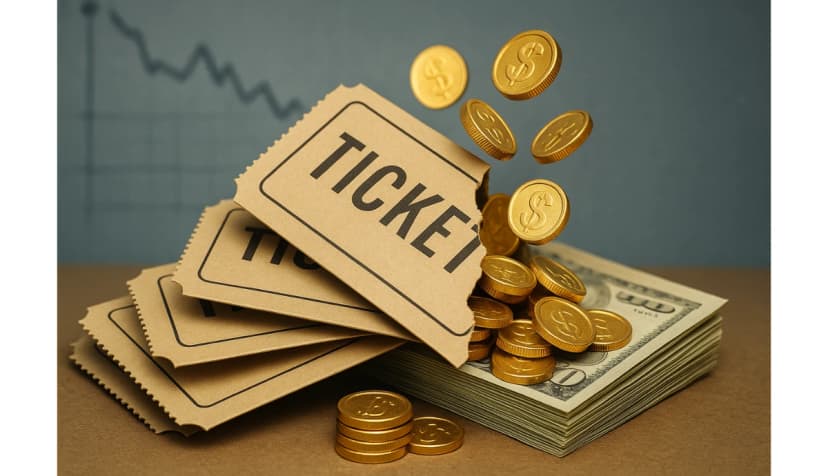 Stack of event tickets and falling coins on a money pile emphasizing lowest ticket fees and profit margins