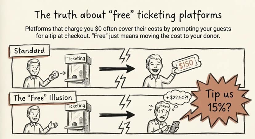Comic showing a standard $150 ticket versus a free platform that prompts guests for a 15% tip, adding $22.50.