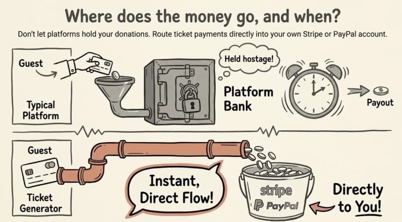 Typical platforms hold payments in a locked safe; Ticket Generator pipes them instantly to your Stripe or PayPal.