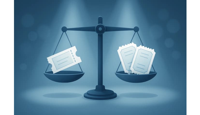 Balance scale comparing one ticket and three tickets to illustrate lowest ticket fees impact on event pricing