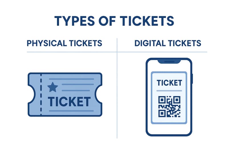 Side-by-side illustration of paper and digital tickets under “Types of Tickets,” showing examples for how to make tickets.