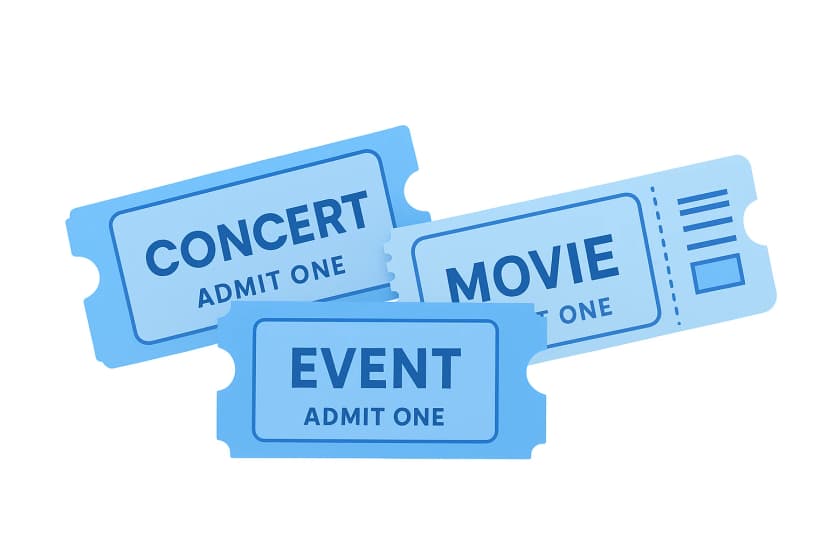 Three blue admit-one style tickets labeled “Concert,” “Movie,” and “Event,” illustrating examples for how to make tickets