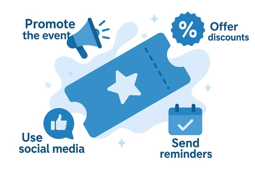 Ticket icon with megaphone, like, percent, and reminder symbols showing promotion, social media, discounts, and reminders for how to make tickets.