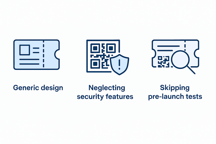 Three icons labeled generic design, neglecting security features, and skipping pre-launch tests, highlighting pitfalls in how to make tickets process.