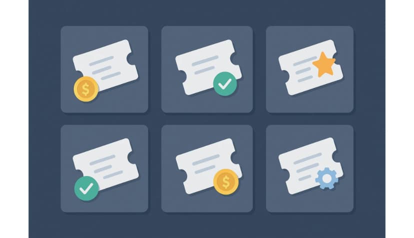 Grid of six stylized tickets showcasing pricing, validation, and rewards icons to emphasize lowest ticket fees