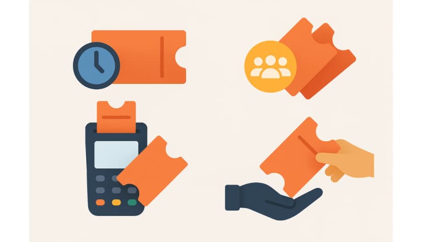Four-panel icons showing ticket timing, group access, scanning, and handoff to illustrate lowest ticket fees