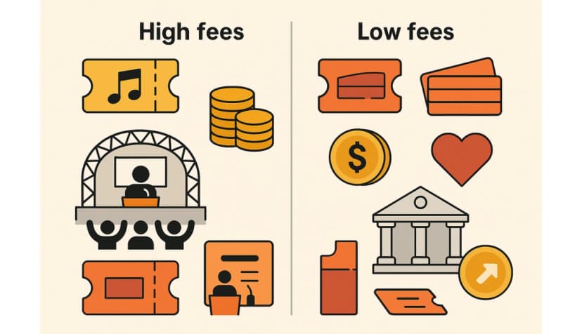 High-fee event symbols contrasted with low-fee ticket, heart, and bank icons to illustrate lowest ticket fees