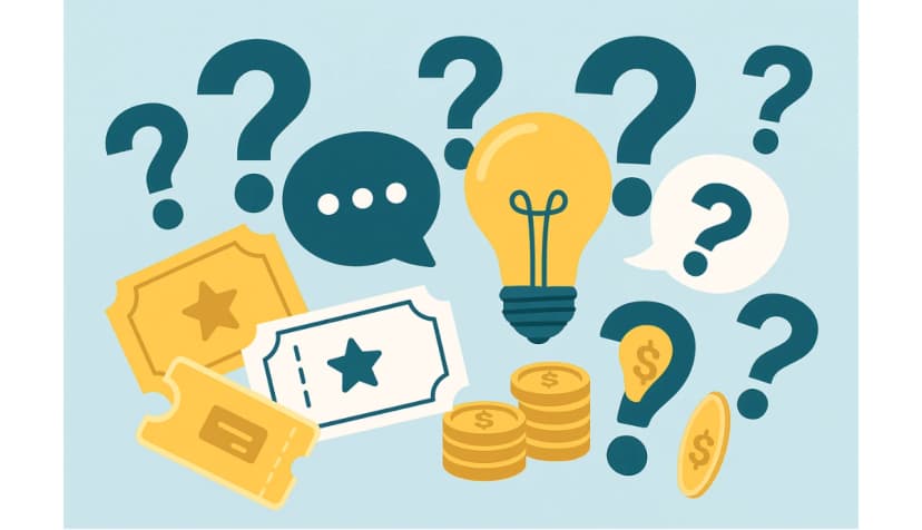 Question marks, tickets, coins, and a lightbulb showing pricing uncertainty and lowest ticket fees