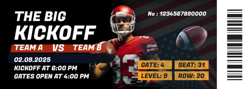 Ticket for The Big Kickoff featuring a football player, Team A vs Team B, seat details, and a barcode.