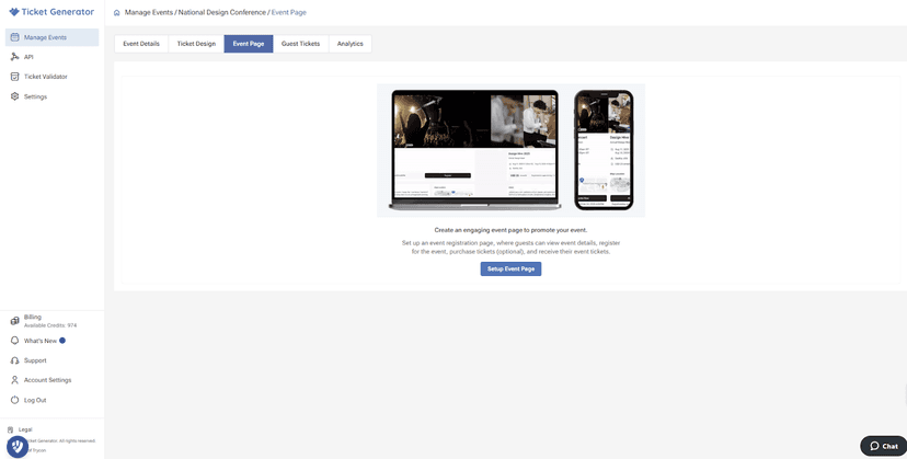 Ticket Generator’s Event Page screen showing desktop and mobile previews, with an option to create or customize an event page.