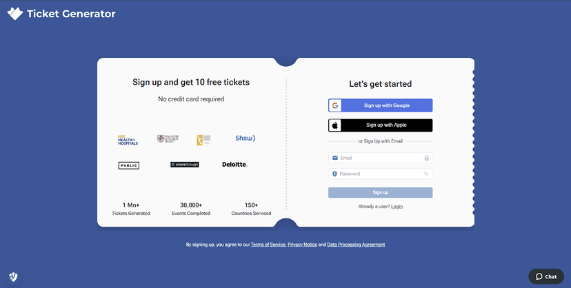 Sign-up page of Ticket Generator offering 10 free tickets, no credit card required, with sign-up options and partner logos.