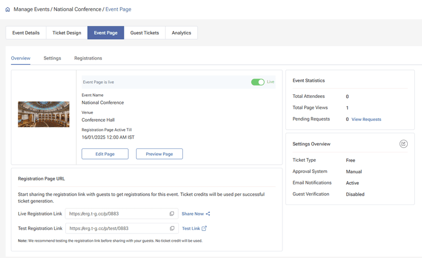 Ticket Generator event page overview displaying event details, registration links, statistics, and settings summary.