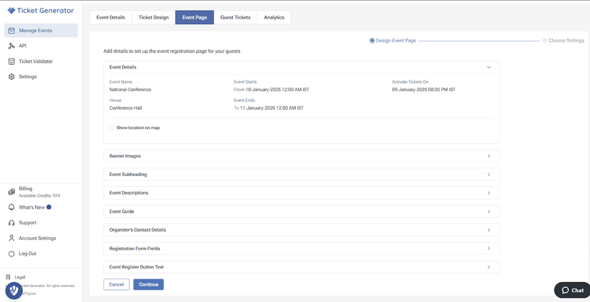 Ticket Generator event page setup screen showing fields for event details, banner images, descriptions, and registration form customization.