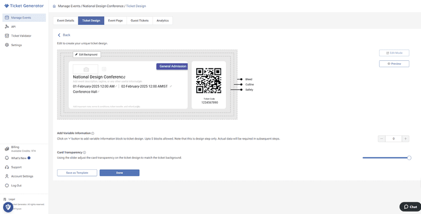 Ticket design editor with a sample ticket for National Design Conference, showing QR code, details, and customization options.