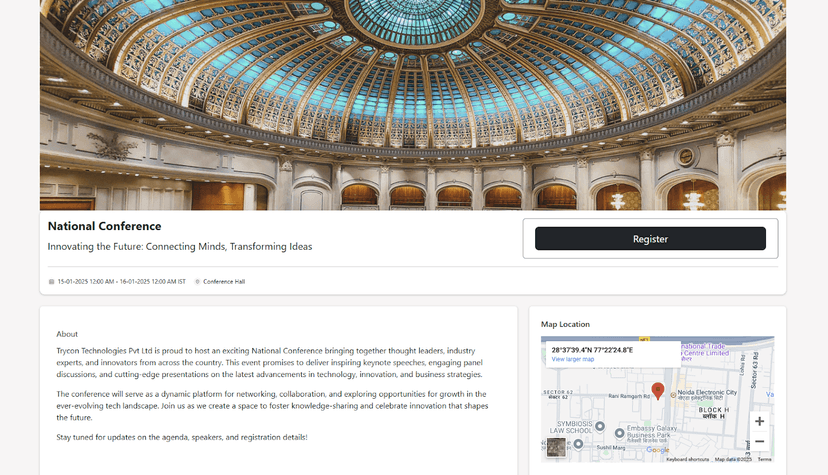 Screenshot of a webpage for a National Conference with an ornate dome header, event details, register button, about info, and a map.