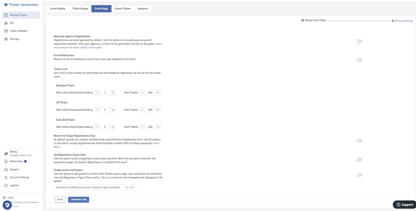 Ticket Generator settings page for managing ticket types, registration limits, guest verification, and event registration expiry.