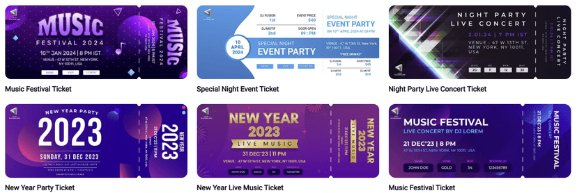 A variety of event ticket designs showcasing ticketing for events, including music festivals, concerts, and parties.