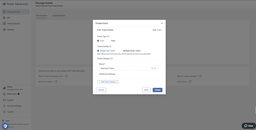 Ticket Generator’s “Create Event” popup with fields for event name, venue, date/time, and a “Next” button.