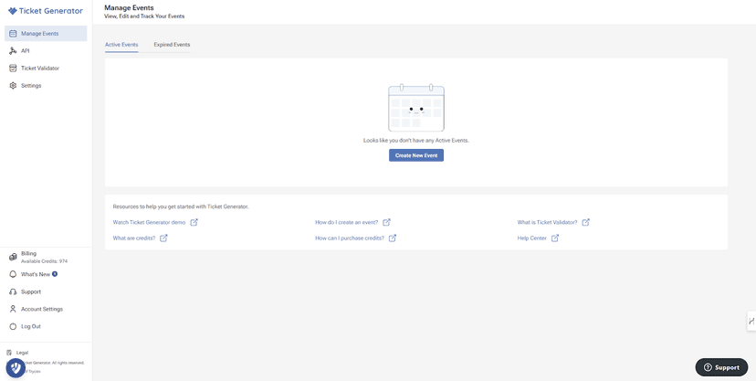 Ticket Generator Manage Events page showing no active events, a calendar icon, and a “Create New Event” button.