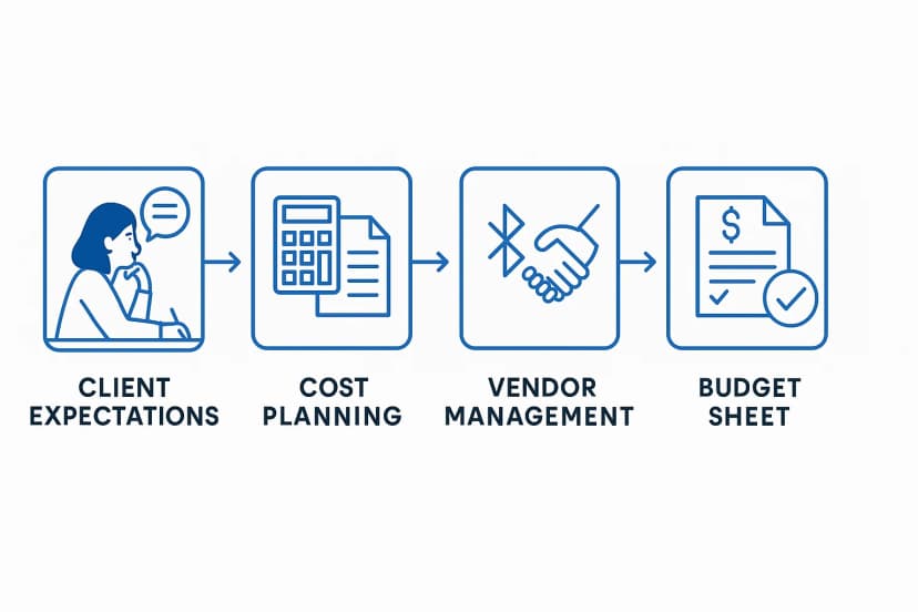 Four-step flowchart with arrows: Client Expectations (person thinking); Cost Planning (calculator and document); Vendor Management (handshake/technology); Budget Sheet (checked invoice)