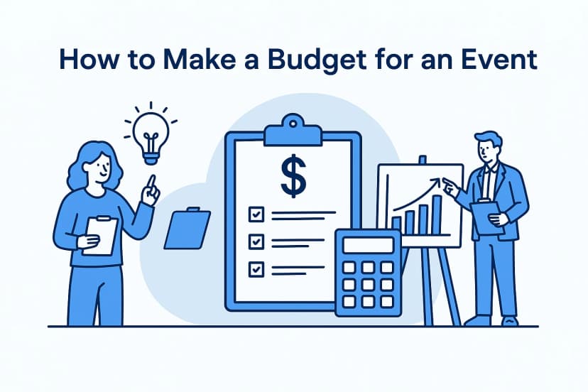 Illustration titled ‘How to Make a Budget for an Event’ featuring a woman with clipboard and lightbulb, a large checklist clipboard, calculator, and a man presenting a bar chart