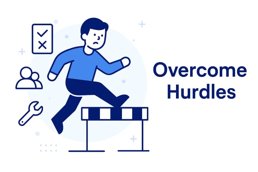 Graphic titled ‘Overcome Hurdles’ depicting a person jumping over a track hurdle, with nearby icons of a checklist, people, and a wrench